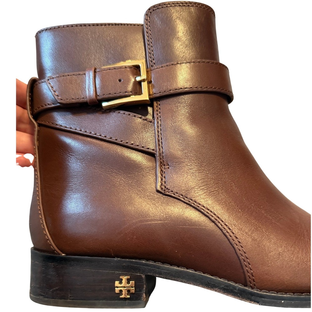 Tory Burch Brooke Brown Calf Leather Ankle Bootie Gold Logo Womens 7 - Picture 12 of 14